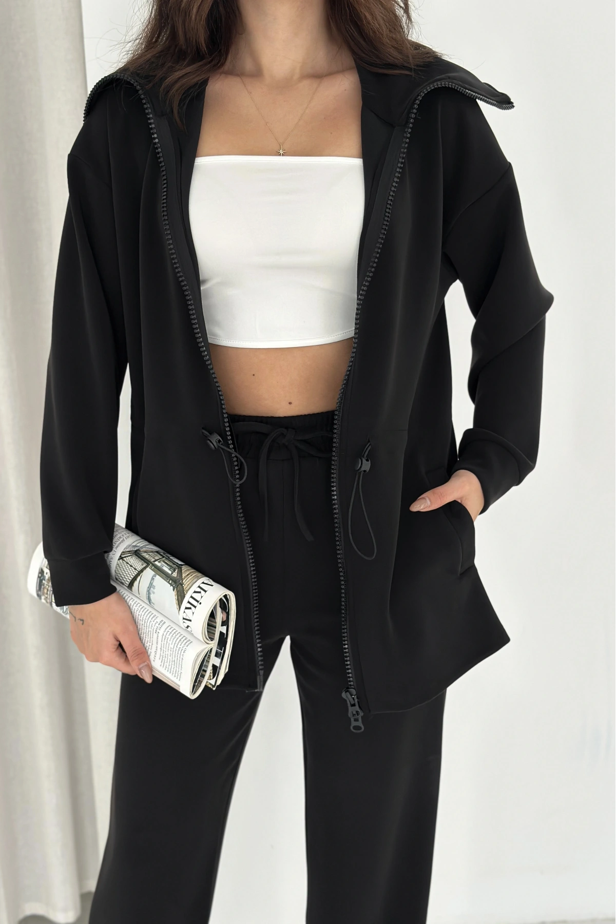 Şal Yaka Çift Fermuarlı Stoperli Modal Takım