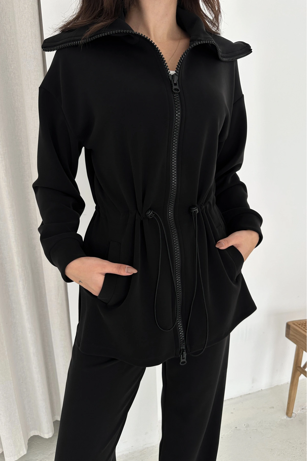 Şal Yaka Çift Fermuarlı Stoperli Modal Takım