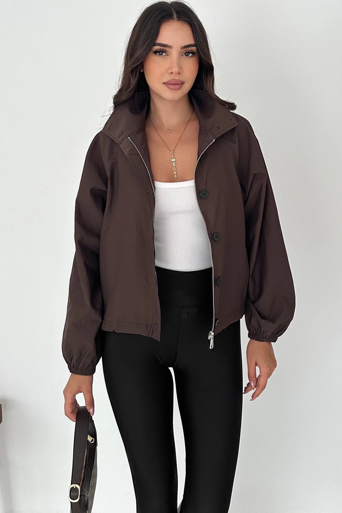 Stoperli Düğmeli Kahverengi Ceket