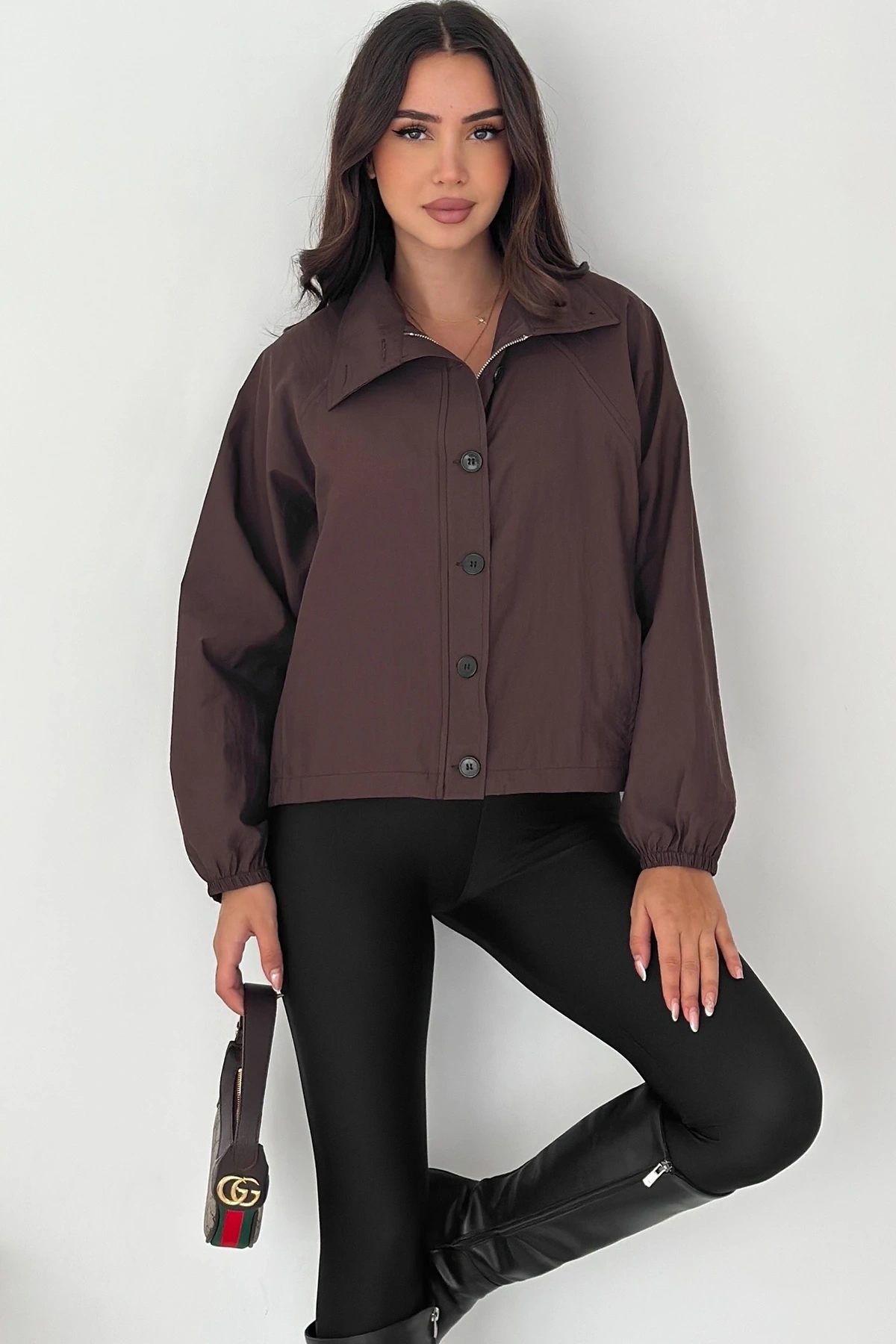 Stoperli Düğmeli Kahverengi Ceket