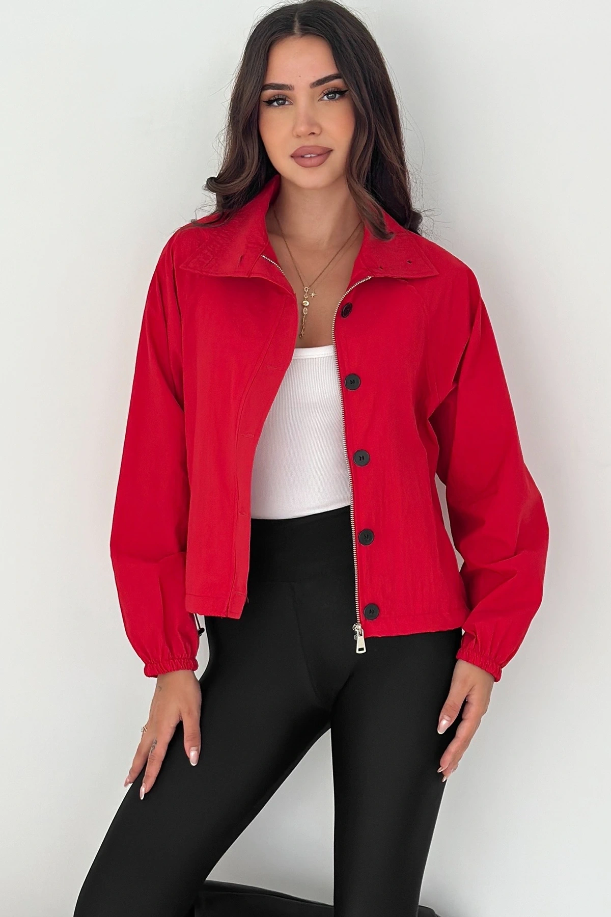 Stoperli Düğmeli Kırmızı Ceket