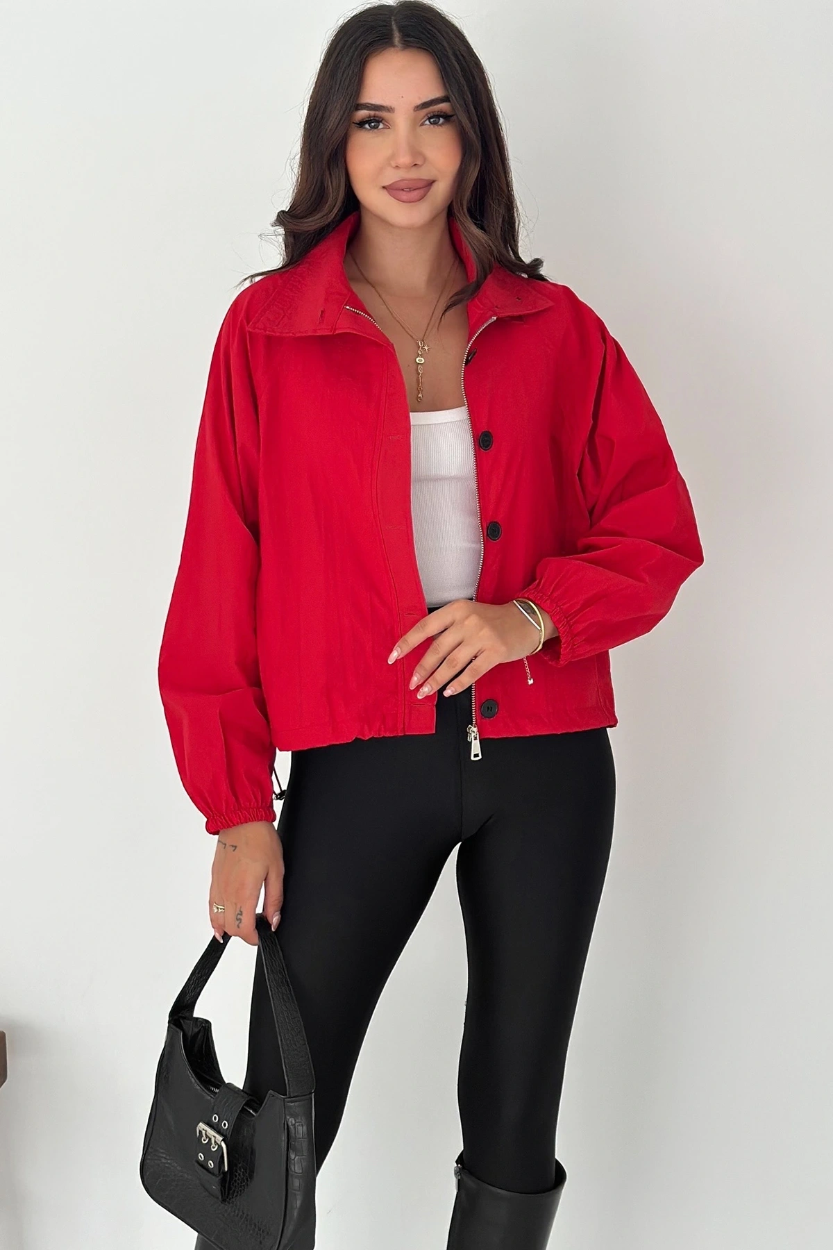 Stoperli Düğmeli Kırmızı Ceket