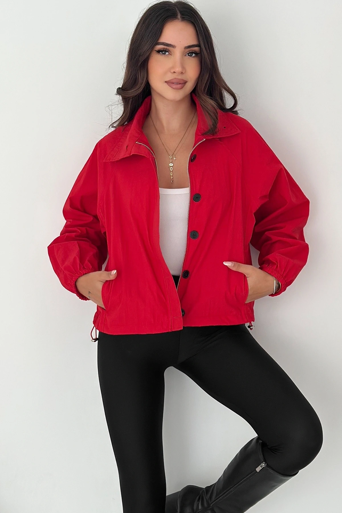 Stoperli Düğmeli Kırmızı Ceket
