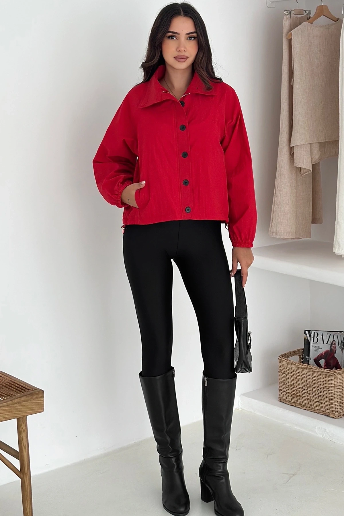 Stoperli Düğmeli Kırmızı Ceket