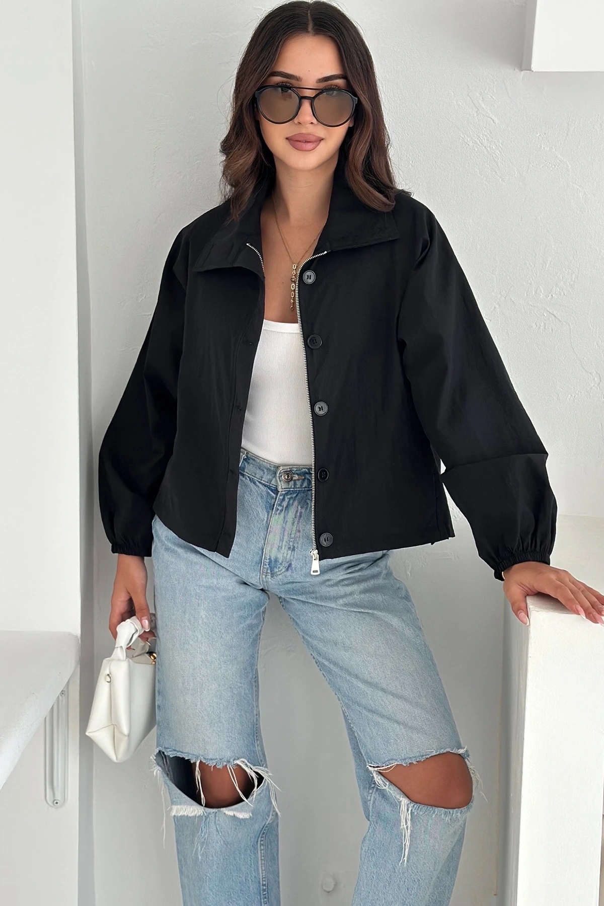 Stoperli Düğmeli Siyah Ceket