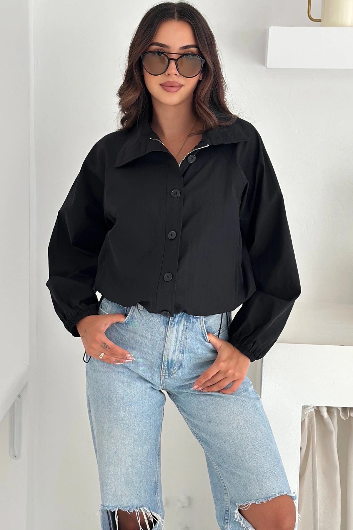 Stoperli Düğmeli Siyah Ceket