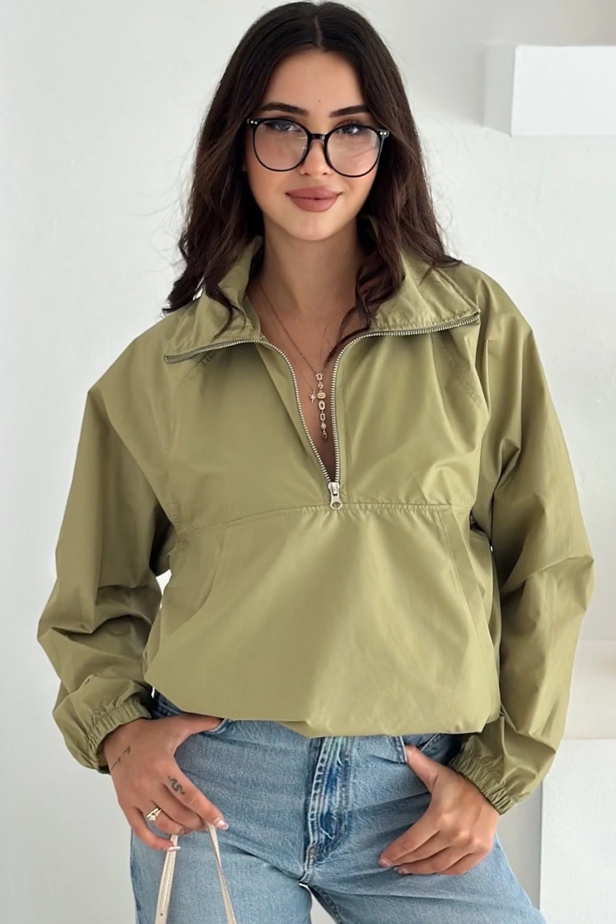 Yarım Fermuarlı Stoperli Fıstık Yeşili Yağmurluk