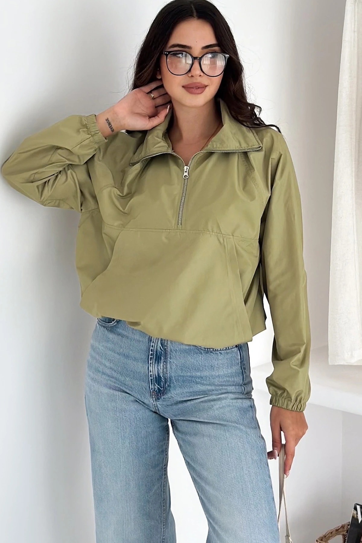 Yarım Fermuarlı Stoperli Fıstık Yeşili Yağmurluk