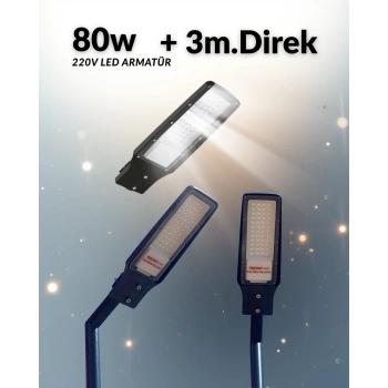 Aydınlatma Direği 80W Sokak Led Armatürü 220v + 3m. Montaja Hazır sokak Aydınlatma Lamba Direği