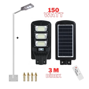 Solar Bahçe Aydınlatması Güneş Enerjili Sokak Lambası 150W + 3m Lamba Direği