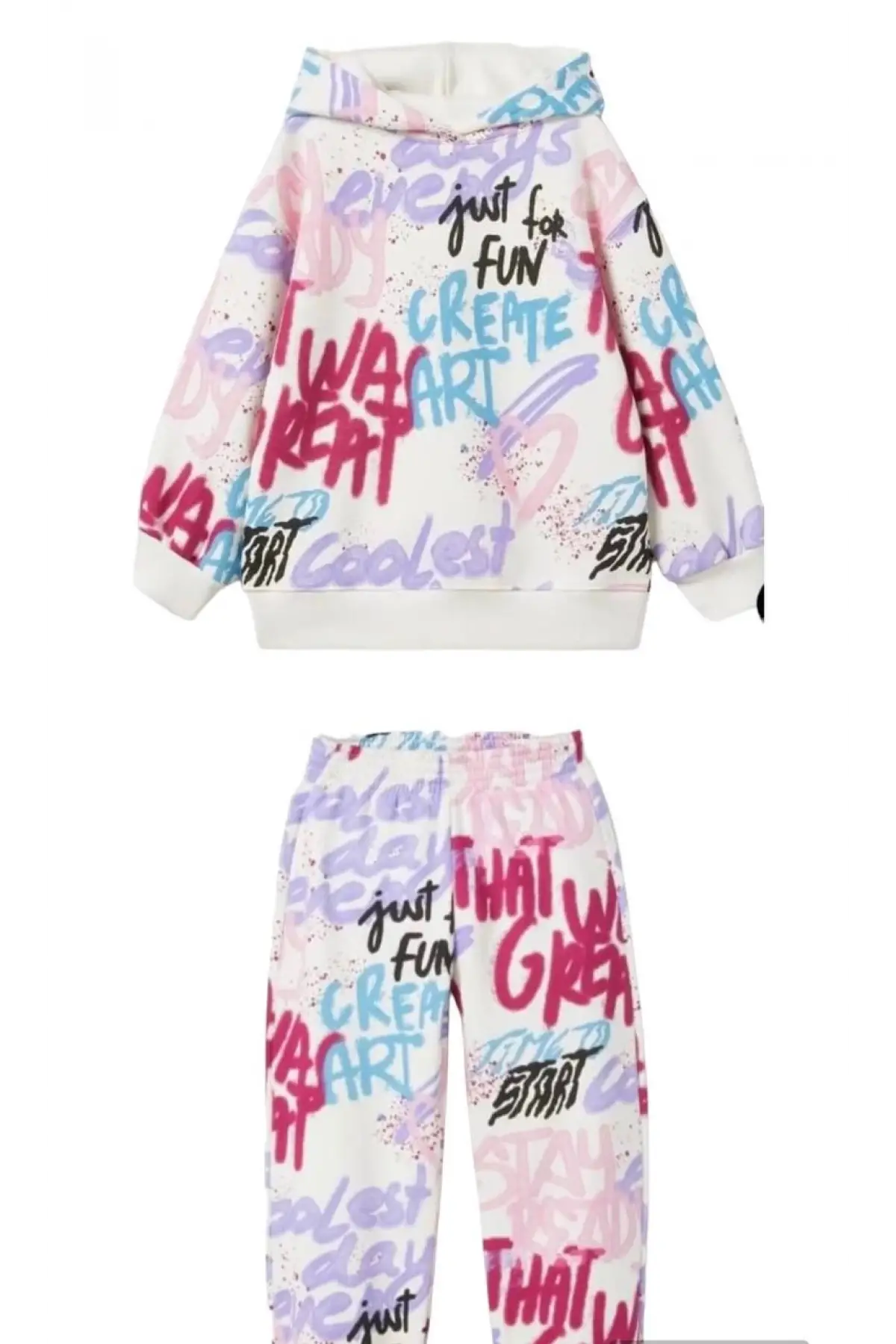 Çocuk Grafitti Baskılı Kapüşonlu Alt-Üst İkili Takım