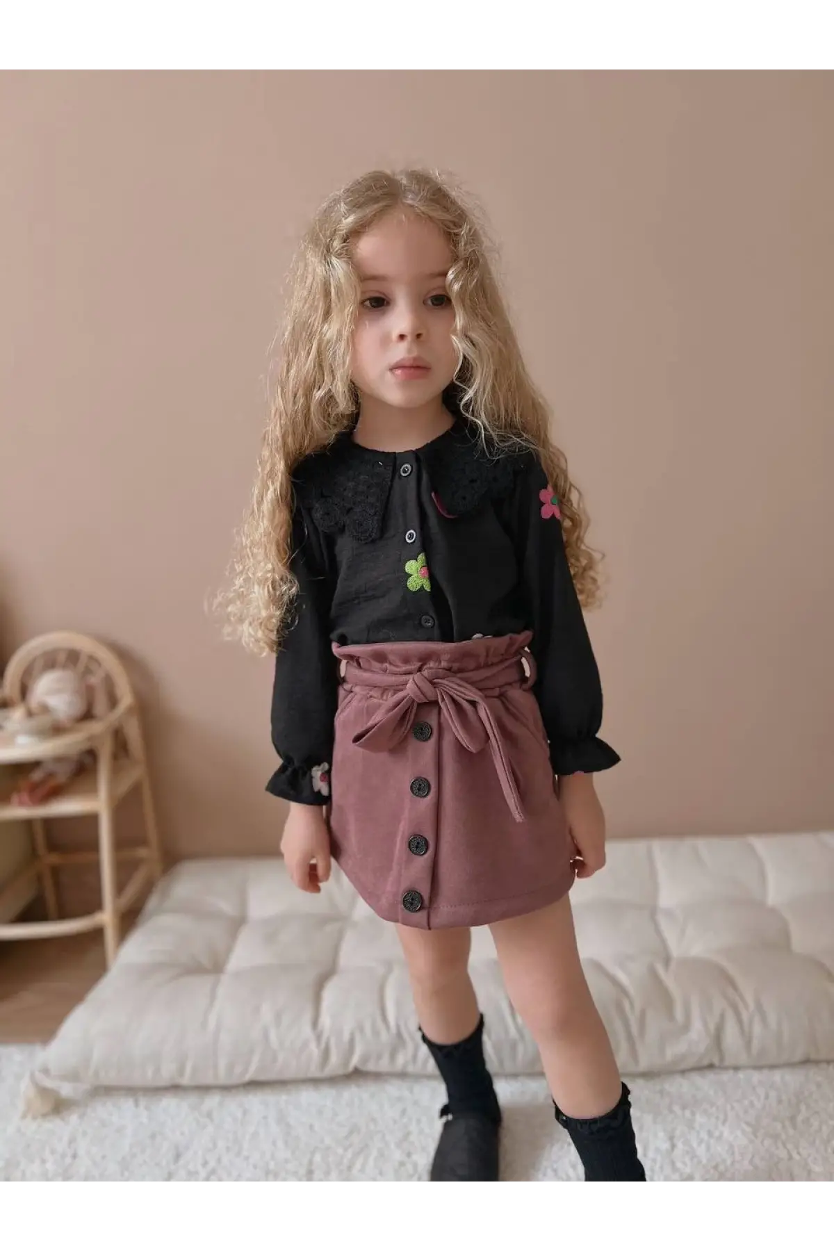 Kız Çocuk Süet Gül Kurusu Etekli Takım