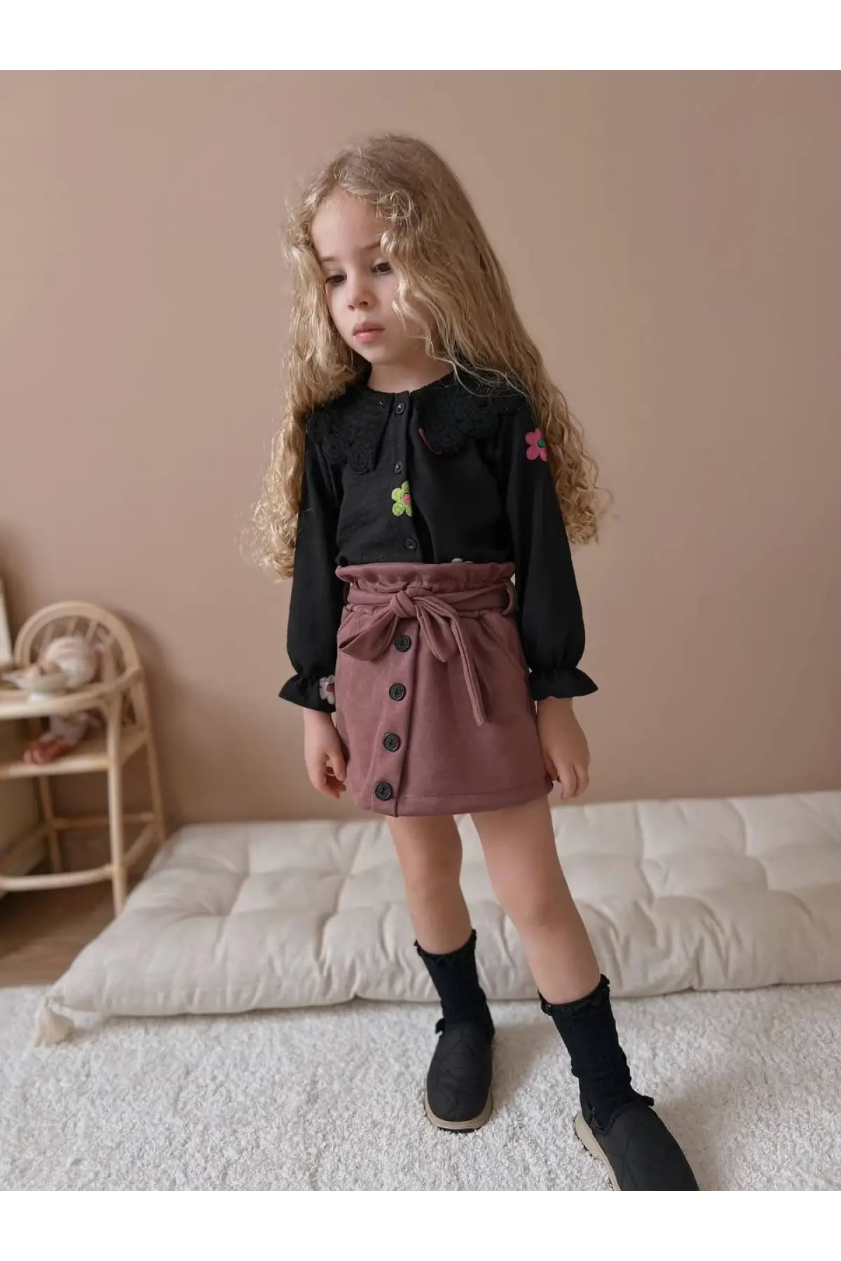 Kız Çocuk Süet Gül Kurusu Etekli Takım