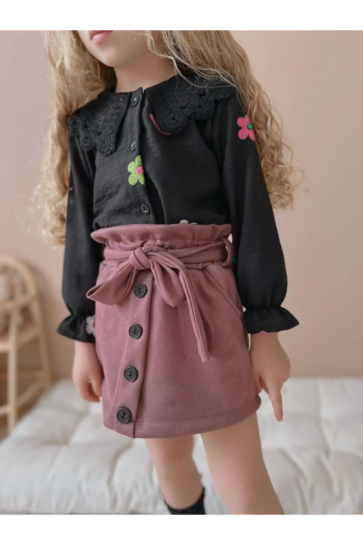 Kız Çocuk Süet Gül Kurusu Etekli Takım