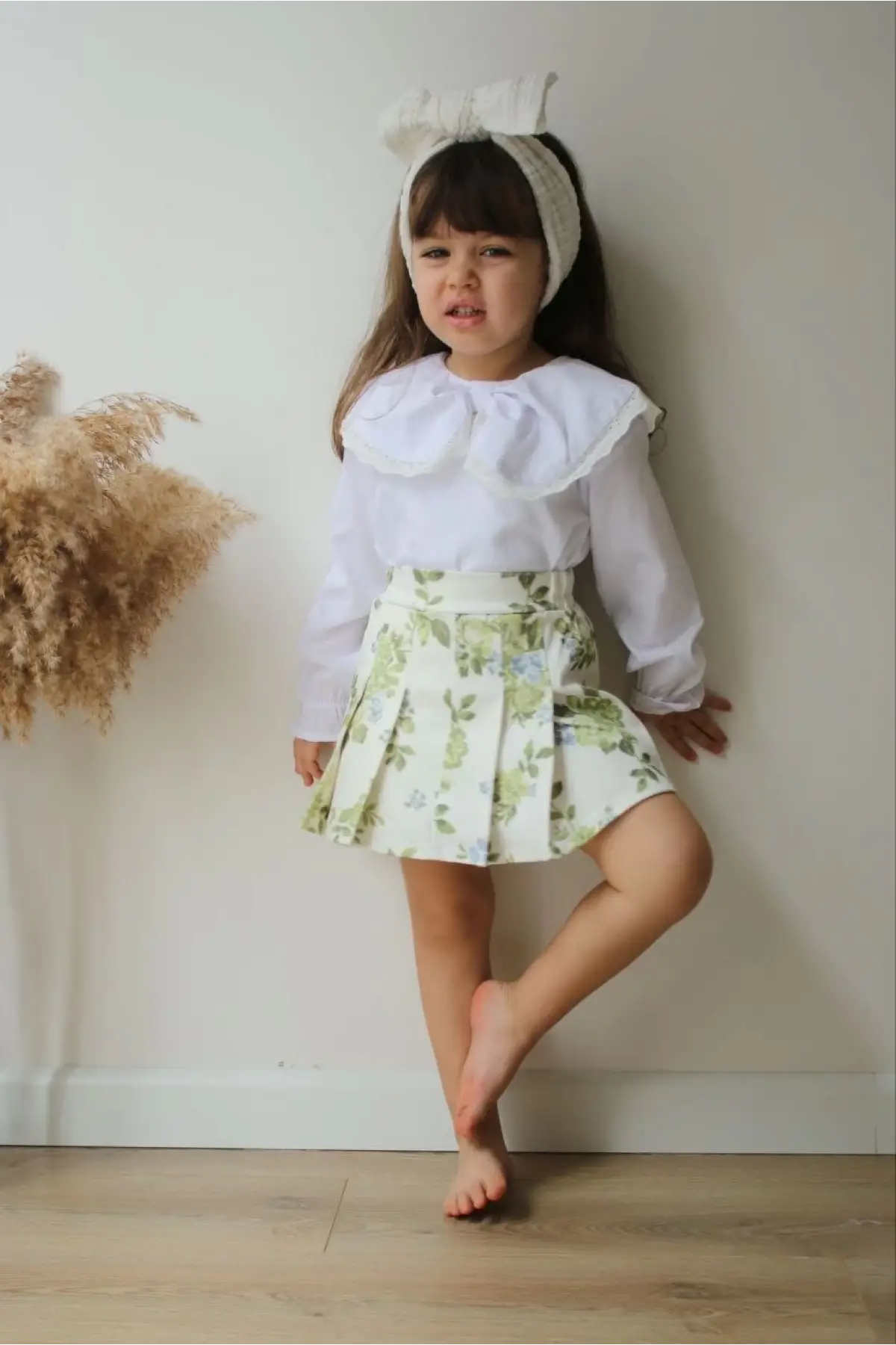 Kız Çocuk Yeşil Çiçekli Etekli Kot Takım