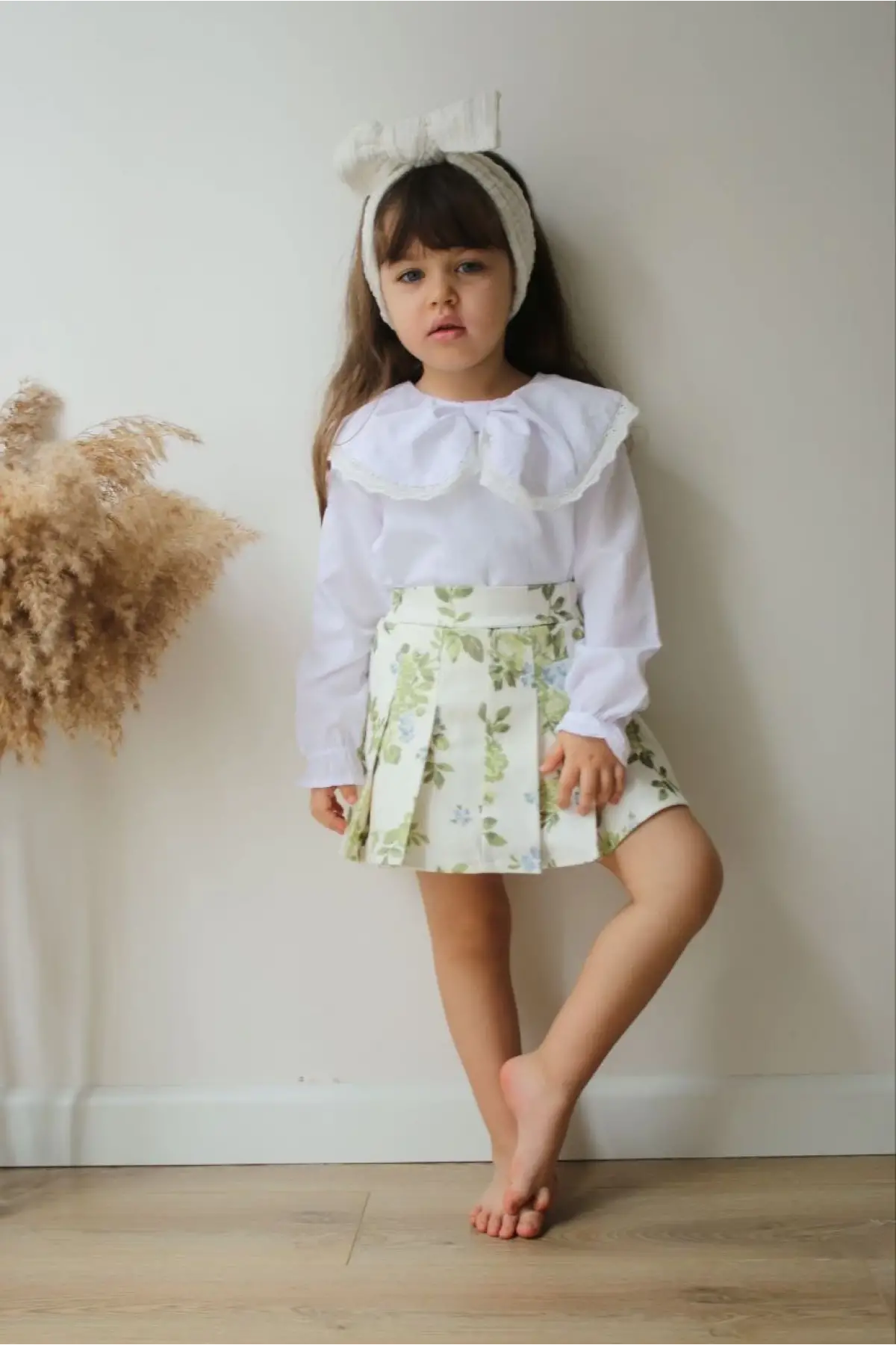 Kız Çocuk Yeşil Çiçekli Etekli Kot Takım