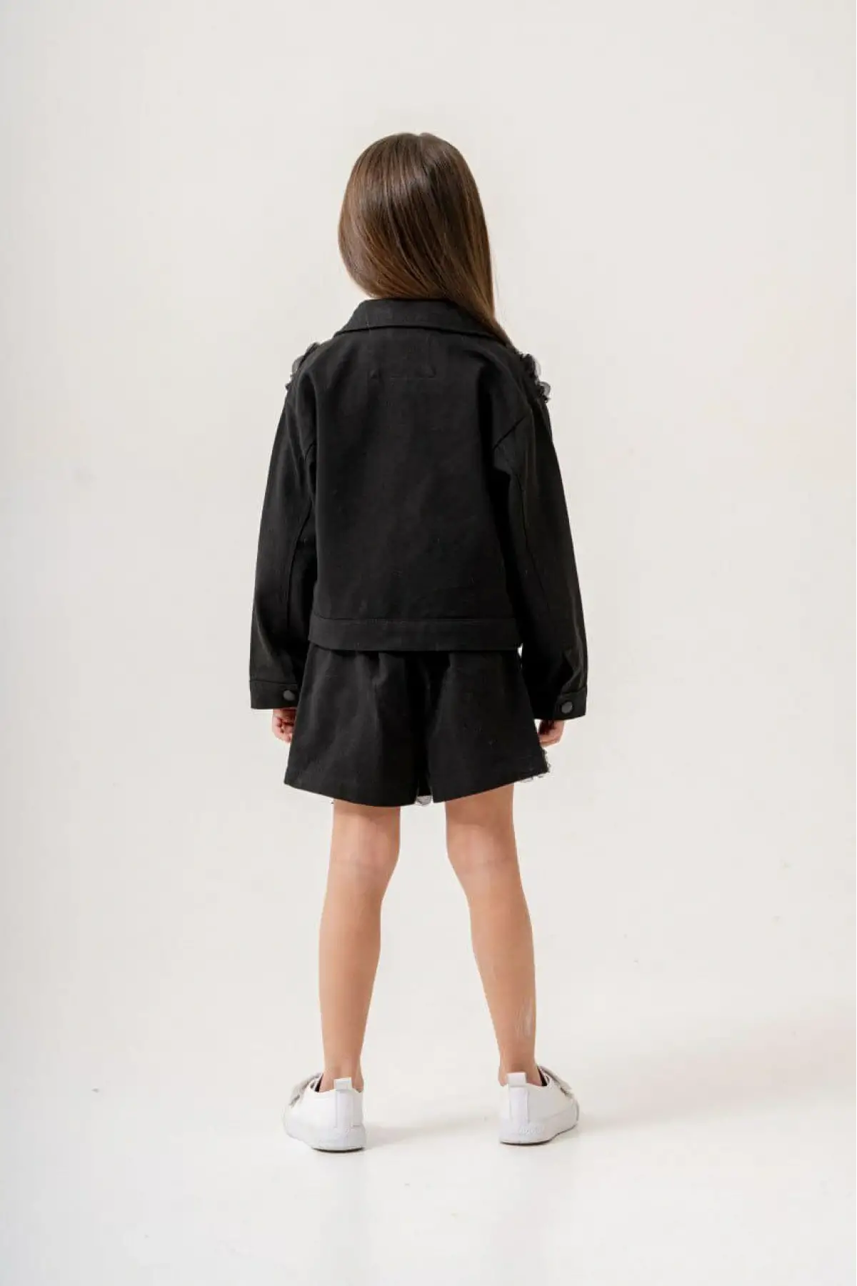 Kız Çocuk Gül Aplike Detaylı Kot Şort Etekli Siyah 3lü Takım