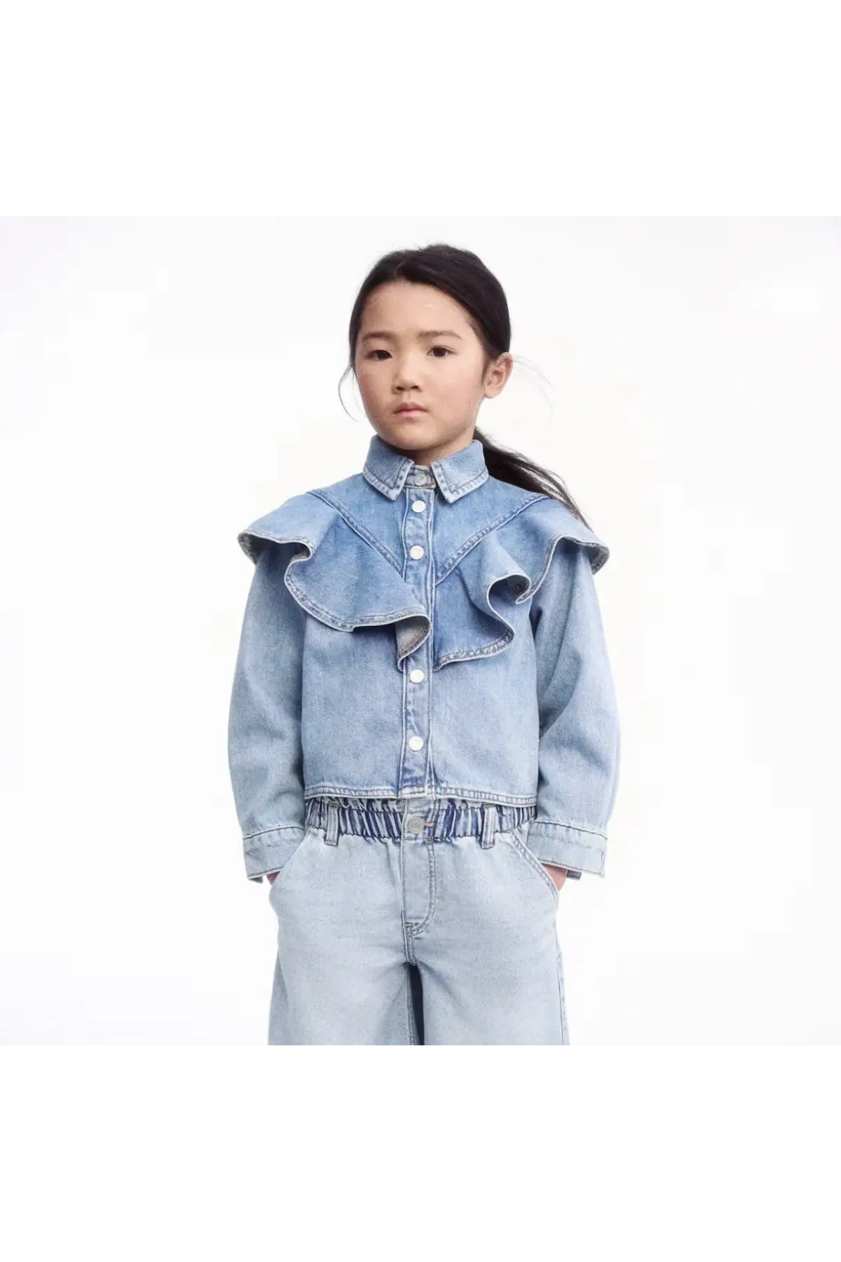 Kız Çocuk Fırfır Detaylı Kot Gömlek