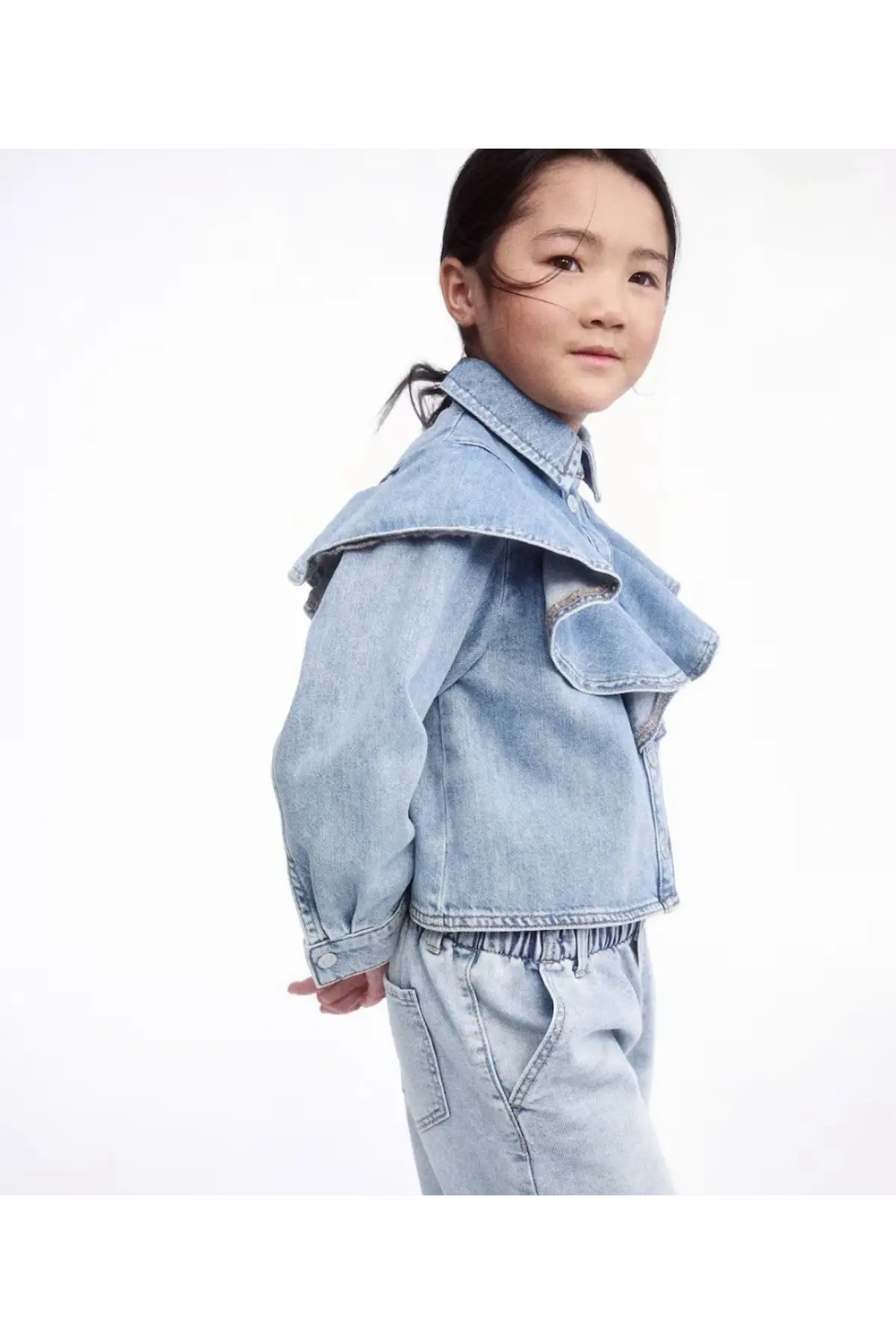 Kız Çocuk Fırfır Detaylı Kot Gömlek