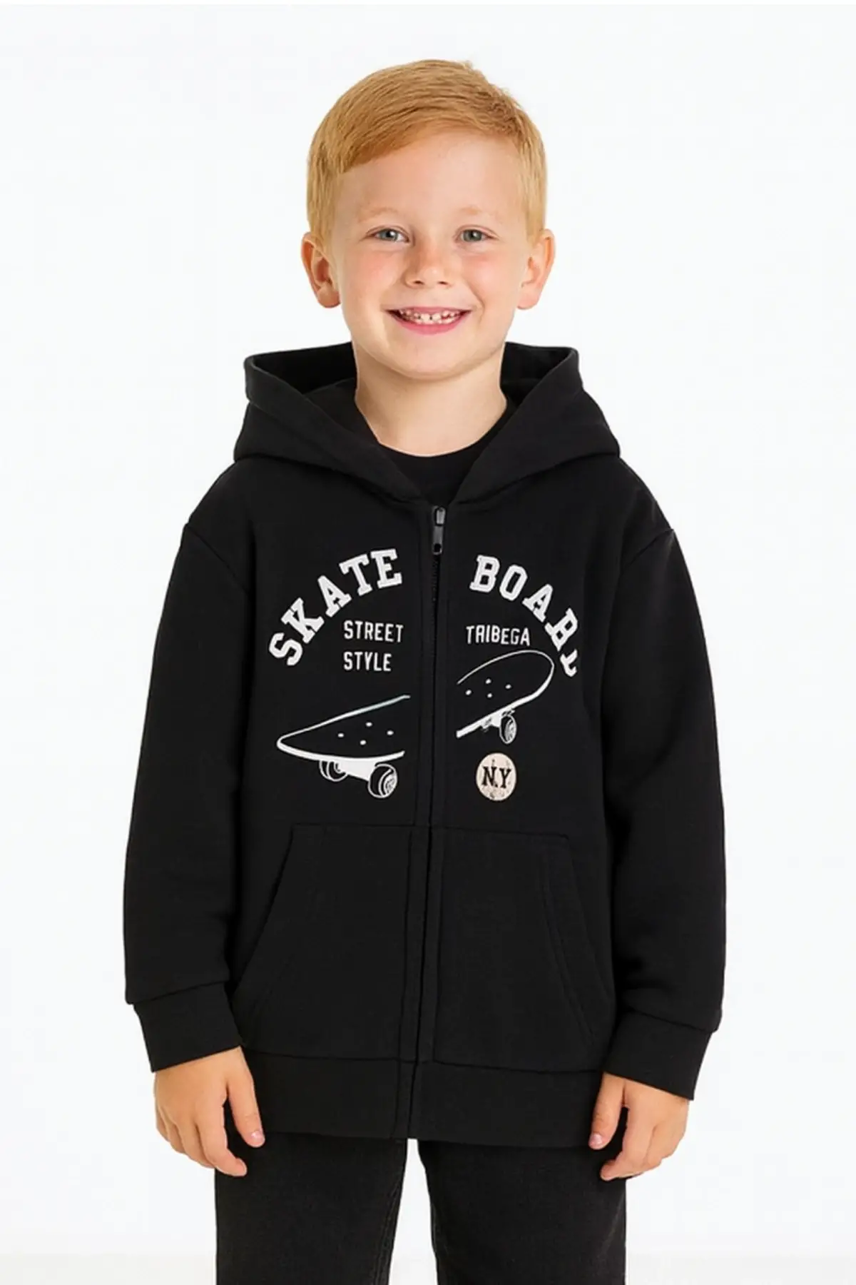 Çocuk Skate Board Baskılı Siyah Kapüşonlu Sweatshirt
