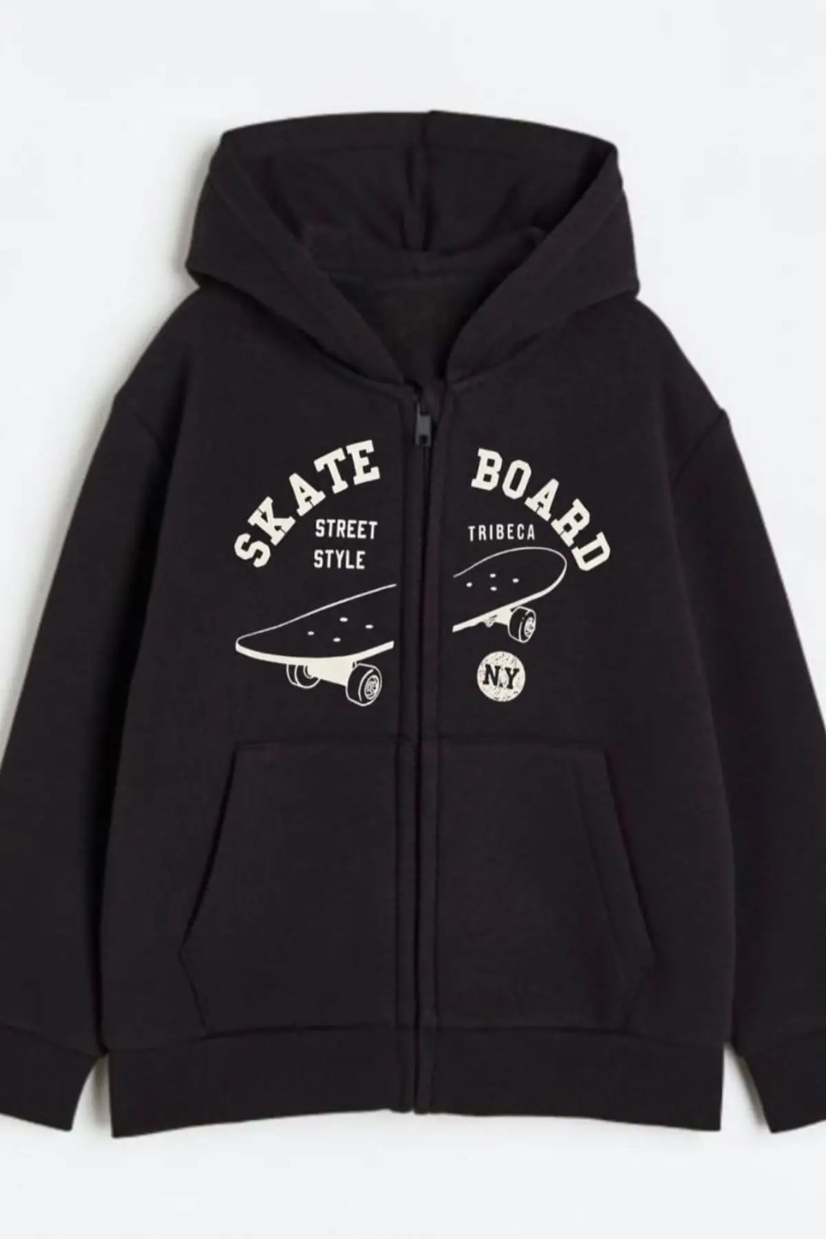 Çocuk Skate Board Baskılı Siyah Kapüşonlu Sweatshirt