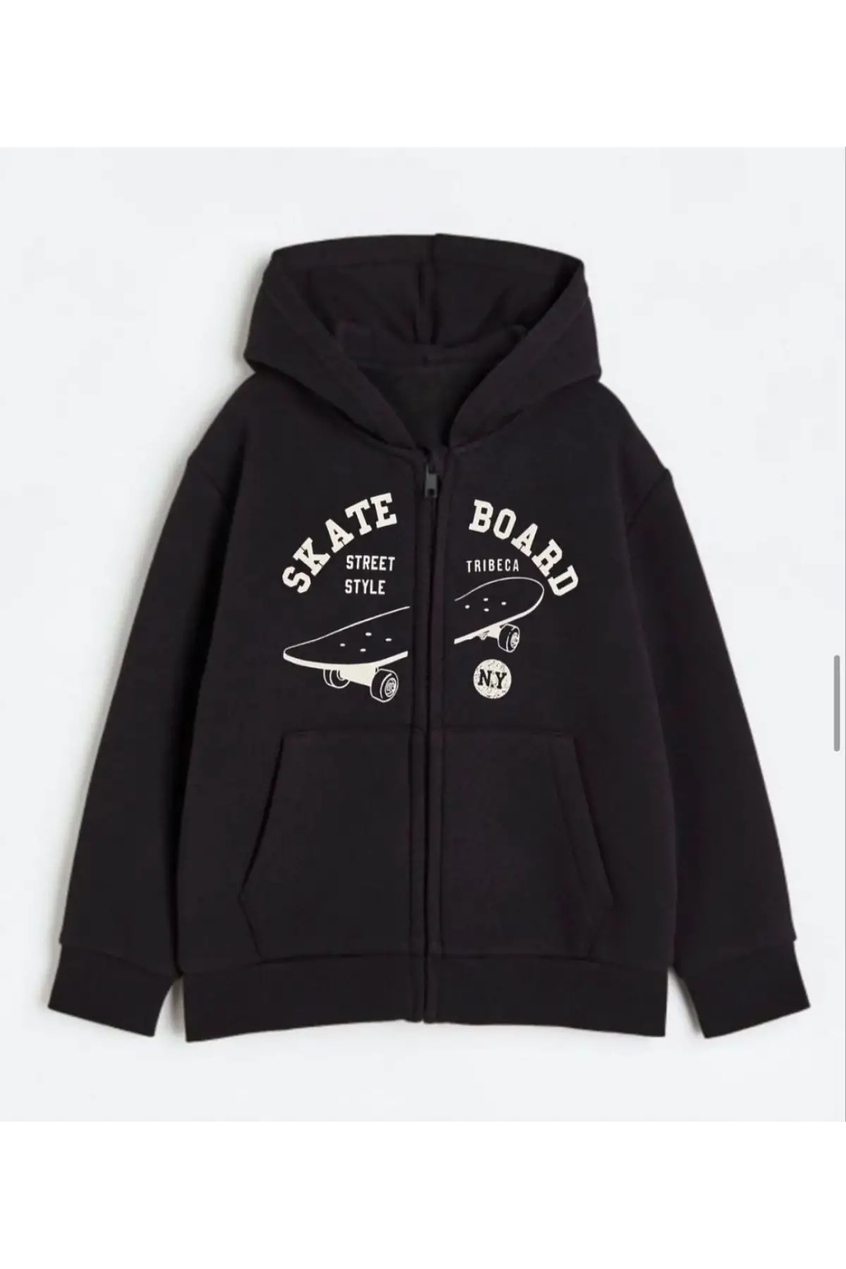 Çocuk Skate Board Baskılı Siyah Kapüşonlu Sweatshirt