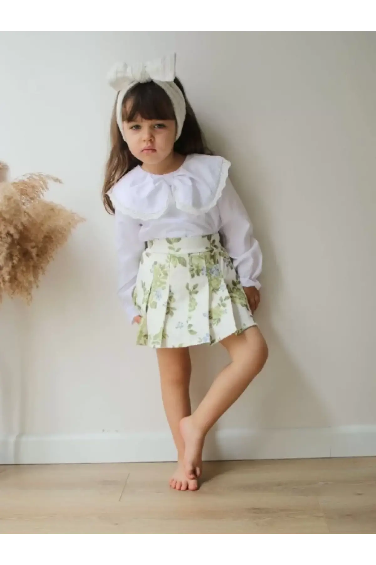 Kız Çocuk Yeşil Çiçekli Etekli Kot Takım