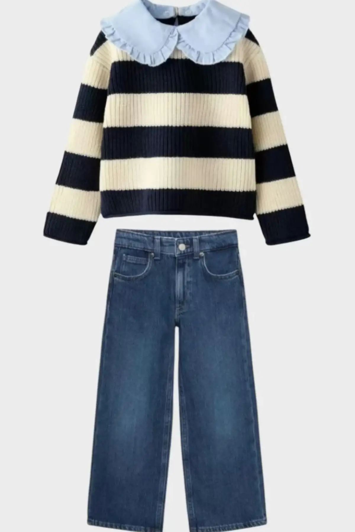 Kız Çocuk Çizgili Triko Kot Pantolon Takım
