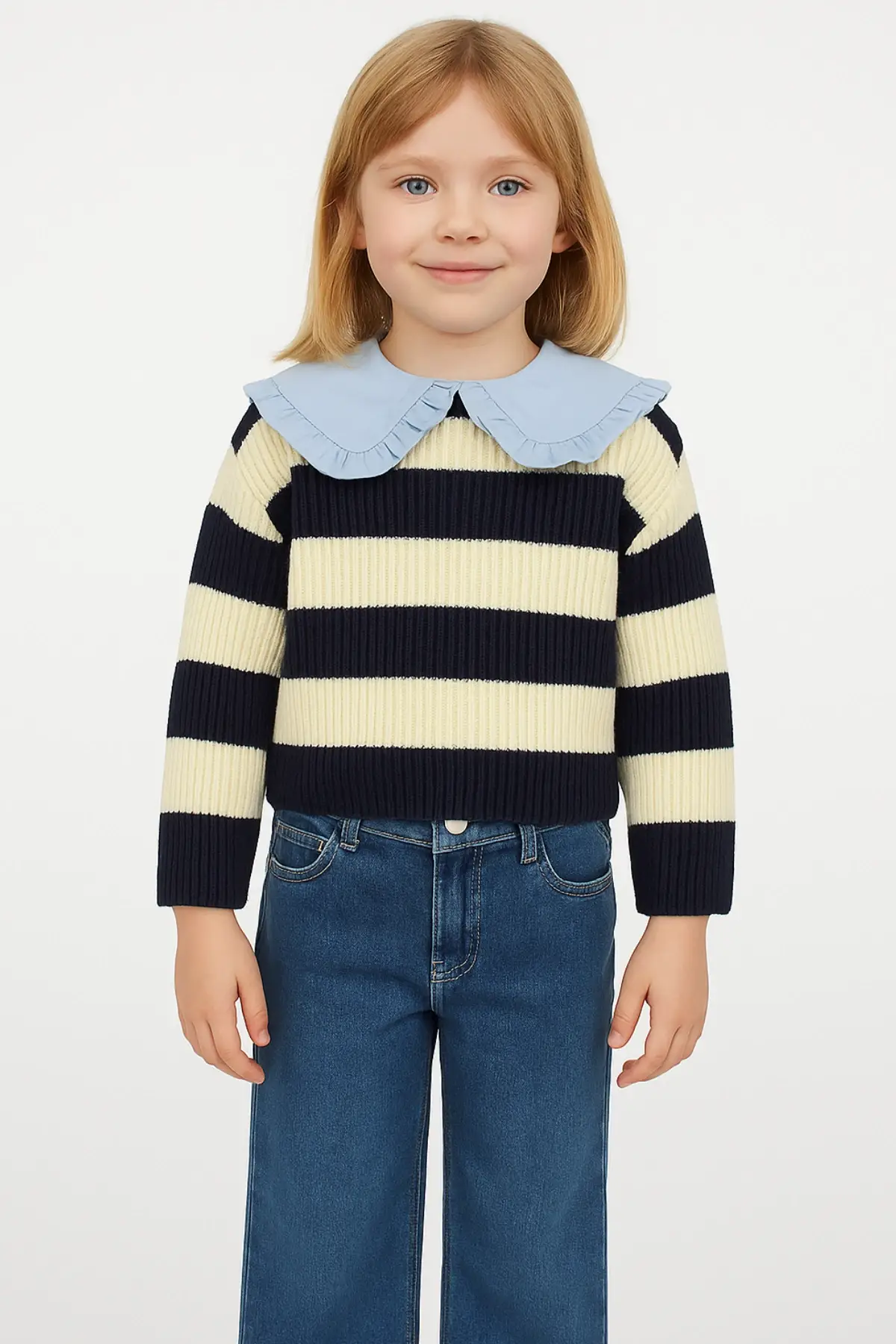 Kız Çocuk Çizgili Triko Kot Pantolon Takım