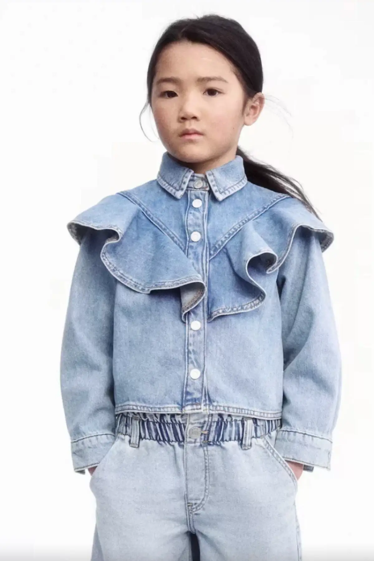 Kız Çocuk Fırfır Detaylı Kot Gömlek