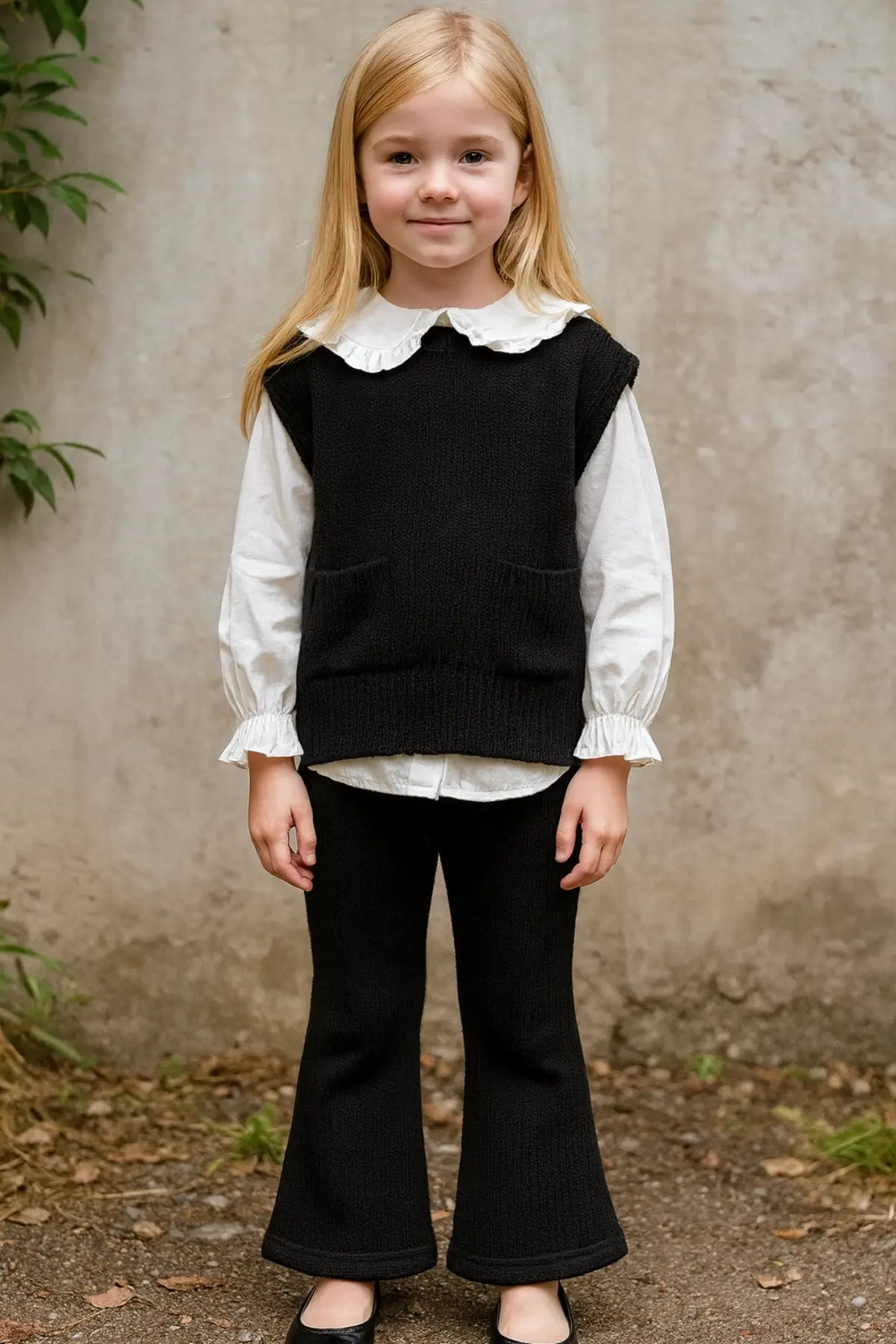 Kız Çocuk Gömlekli Triko İspanyol Paça Siyah İkili Takım
