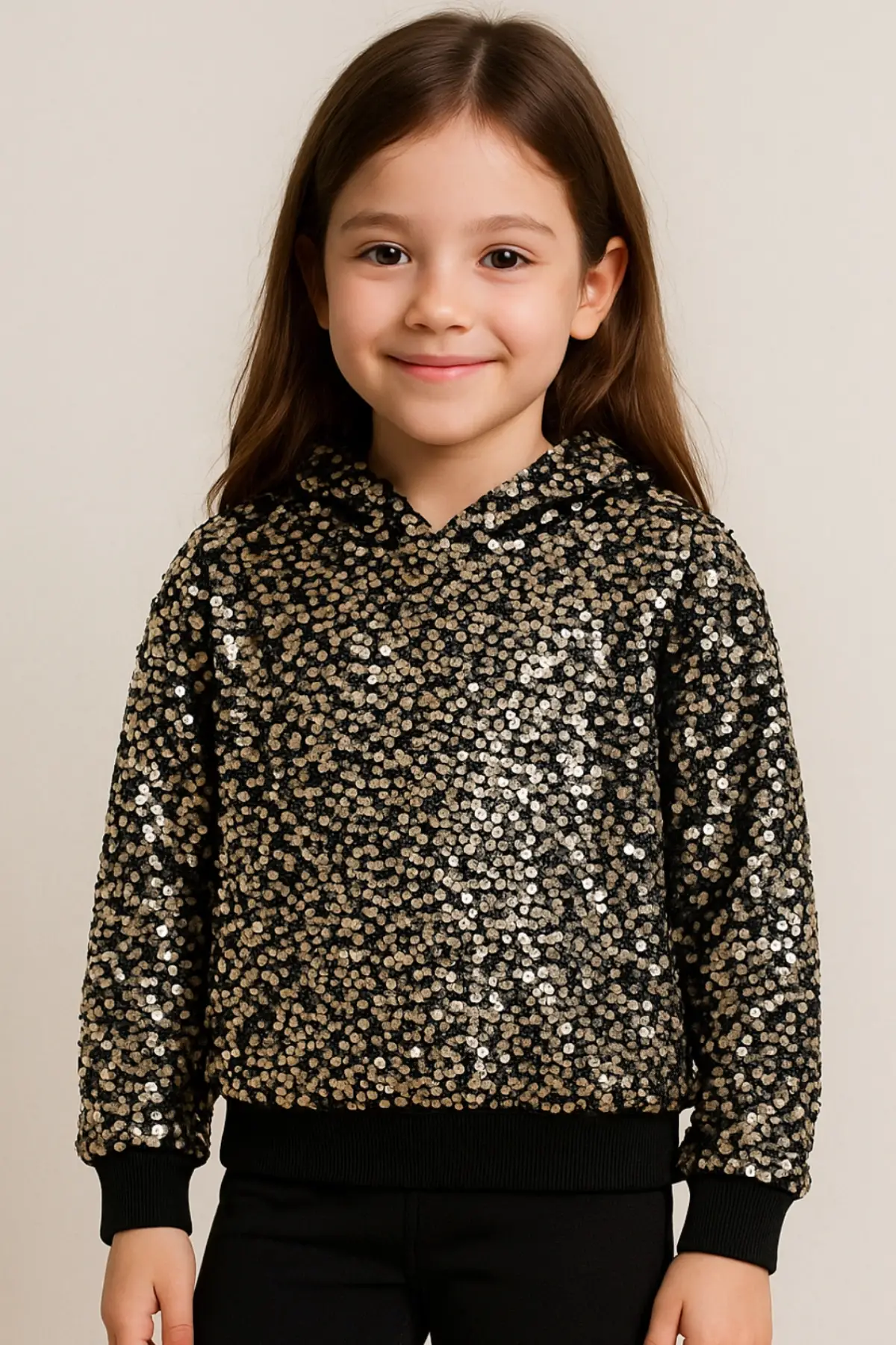 Kız Çocuk Payet İşlemeli Siyah Sweatshirt