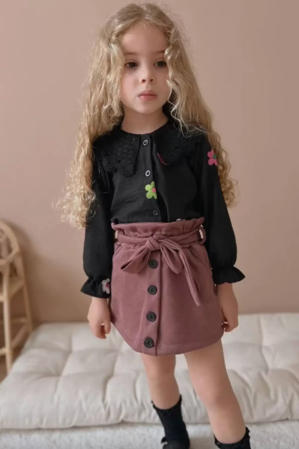 Kız Çocuk Süet Gül Kurusu Etekli Takım