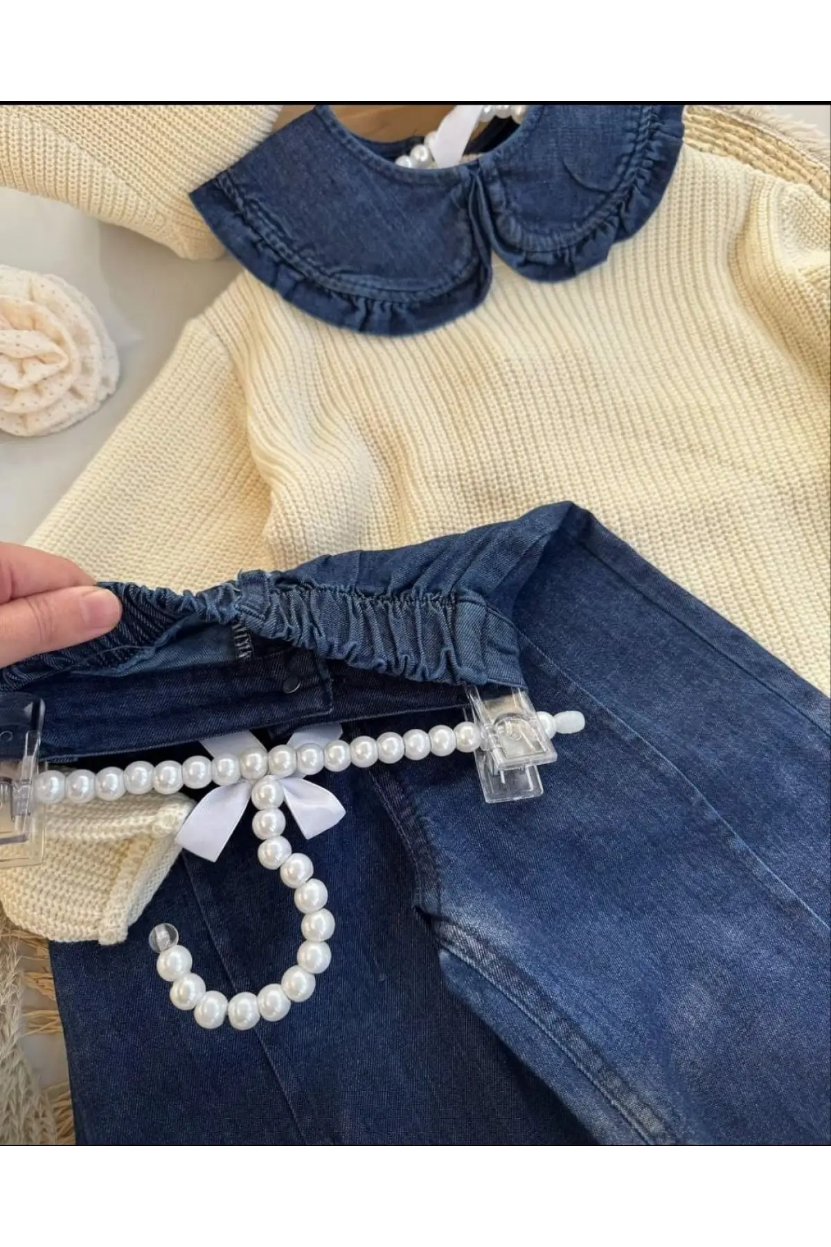 Kız Çocuk Triko Yaka Detaylı Çizgili Kot Pantolon Takım