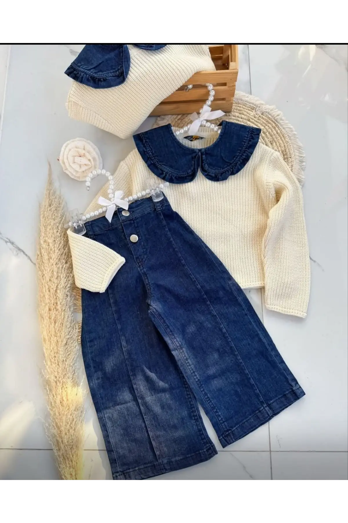 Kız Çocuk Triko Yaka Detaylı Çizgili Kot Pantolon Takım