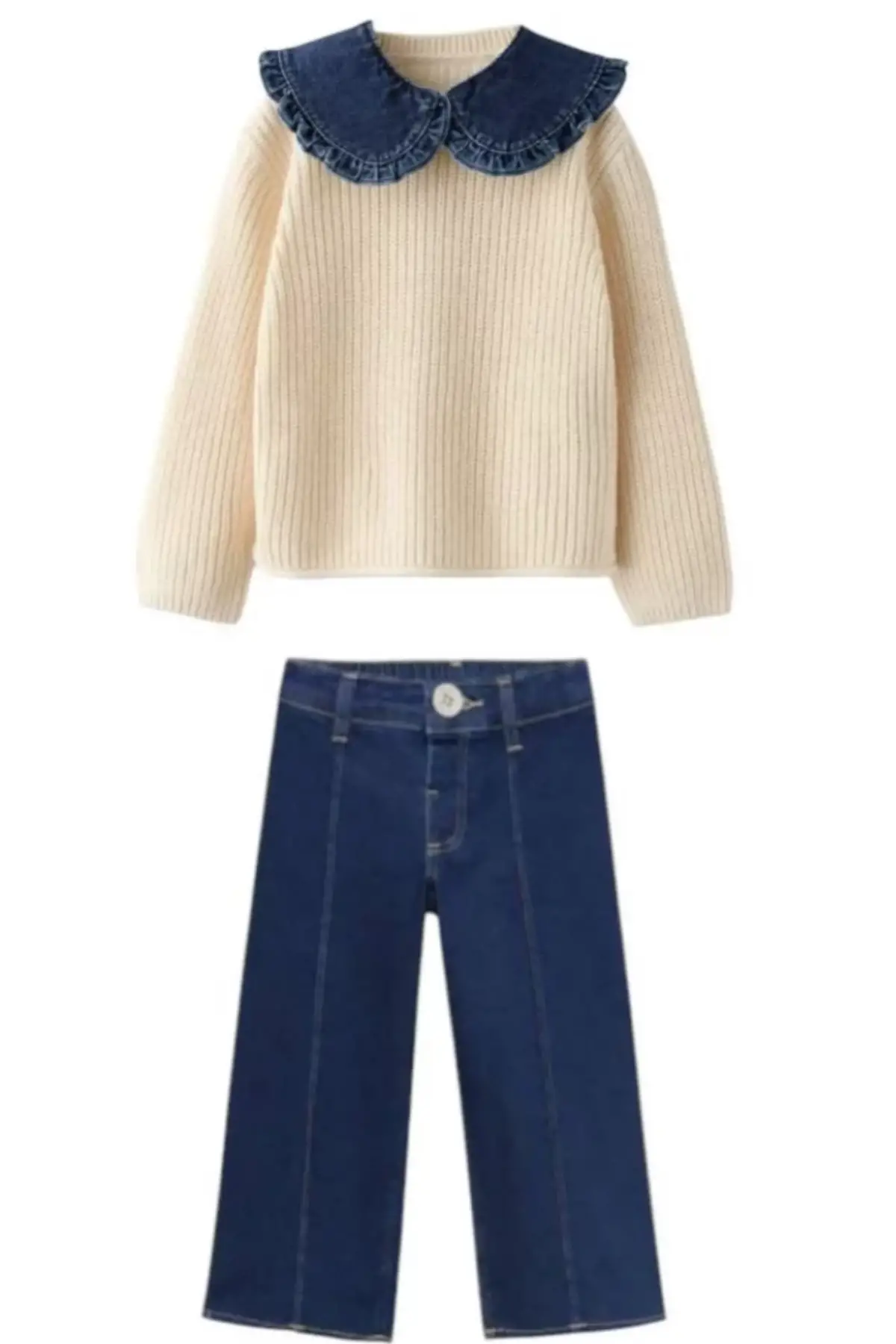 Kız Çocuk Triko Yaka Detaylı Çizgili Kot Pantolon Takım