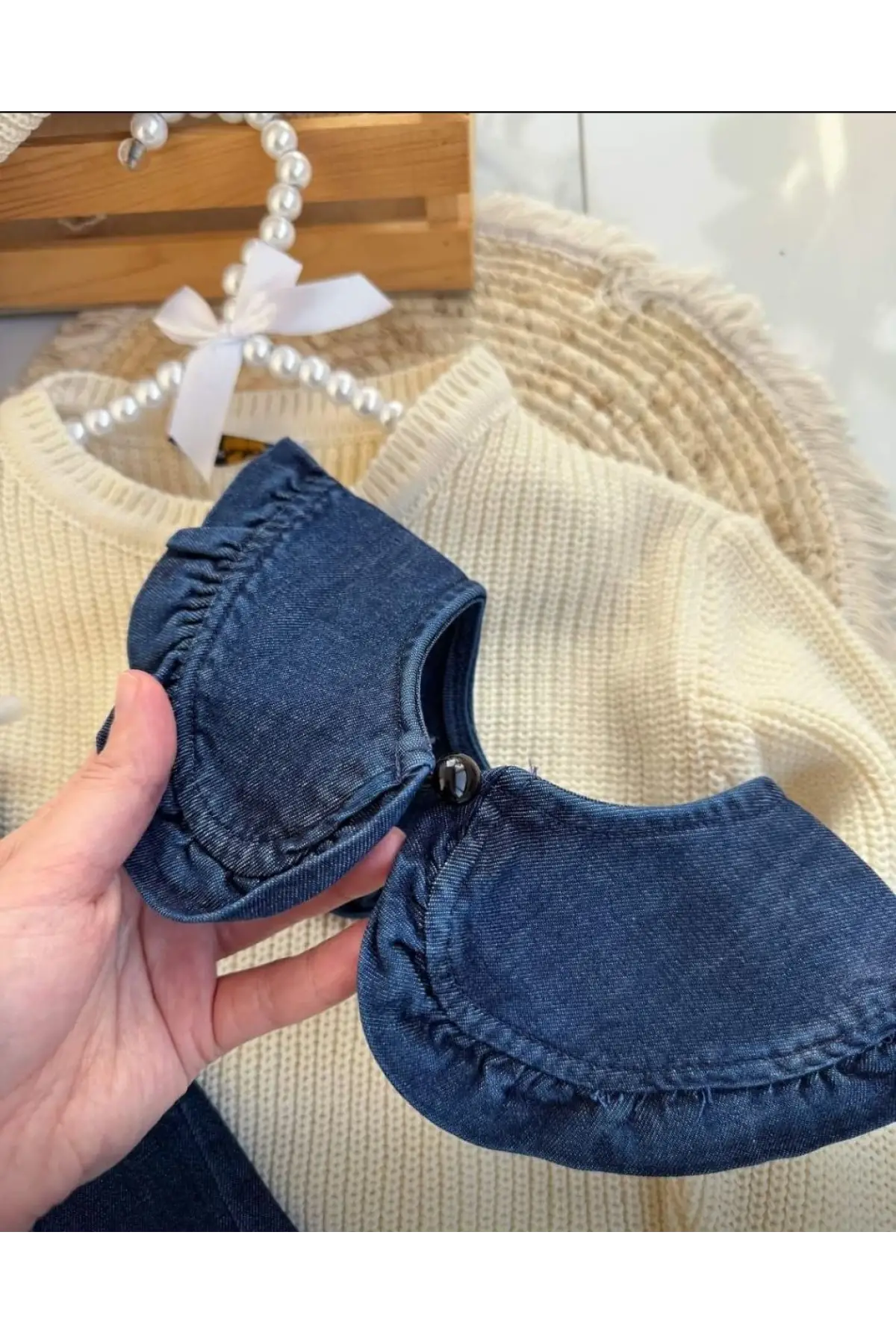 Kız Çocuk Triko Yaka Detaylı Çizgili Kot Pantolon Takım