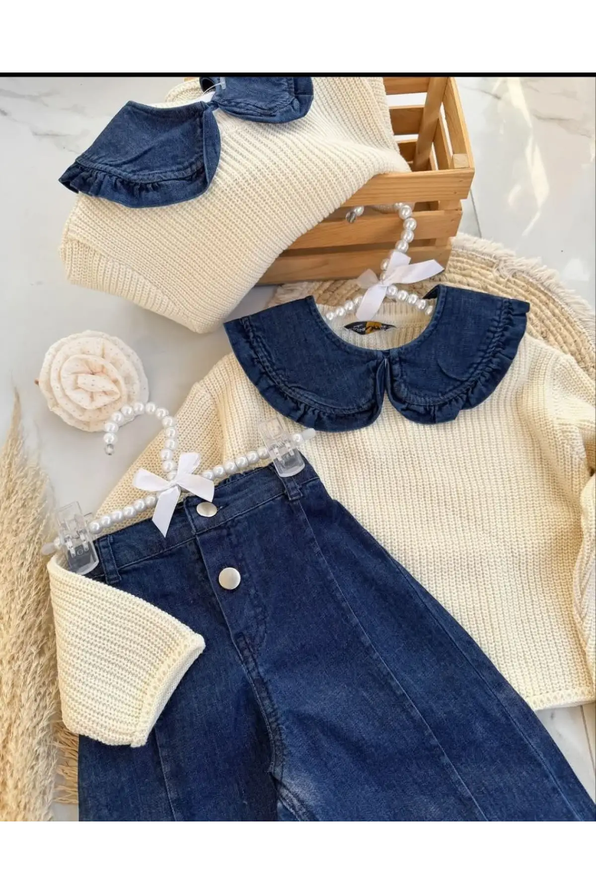 Kız Çocuk Triko Yaka Detaylı Çizgili Kot Pantolon Takım