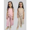 Kız Çocuk Fiyonk Detaylı Bol Paça Bej Takım