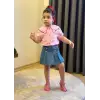 Kız Çocuk Kalp Detaylı Pembe Kot Şort Etekli Takım