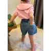 Kız Çocuk Kalp Detaylı Pembe Kot Şort Etekli Takım