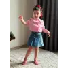 Kız Çocuk Kalp Detaylı Pembe Kot Şort Etekli Takım