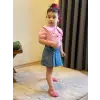 Kız Çocuk Kalp Detaylı Pembe Kot Şort Etekli Takım