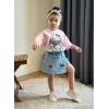 Kız Çocuk Pembe Hello Kity Kuromi Baskılı Tişört Kot Şort Etekli Takım