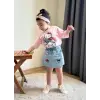Kız Çocuk Pembe Hello Kity Kuromi Baskılı Tişört Kot Şort Etekli Takım