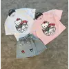 Kız Çocuk Pembe Hello Kity Kuromi Baskılı Tişört Kot Şort Etekli Takım