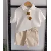 Erkek Çocuk Fitilli Polo Yaka Krem Şortlu Takım