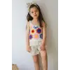 Kız Çocuk İşlemeli Şortlu Krem Yazlık Takım