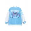 Kız Çocuk Stitch Baskılı Mavi %100 Pamuk Kolej Ceket