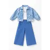Kız Çocuk Ceket Desenli Bol Paça Pantolon 3lü Mavi Takım